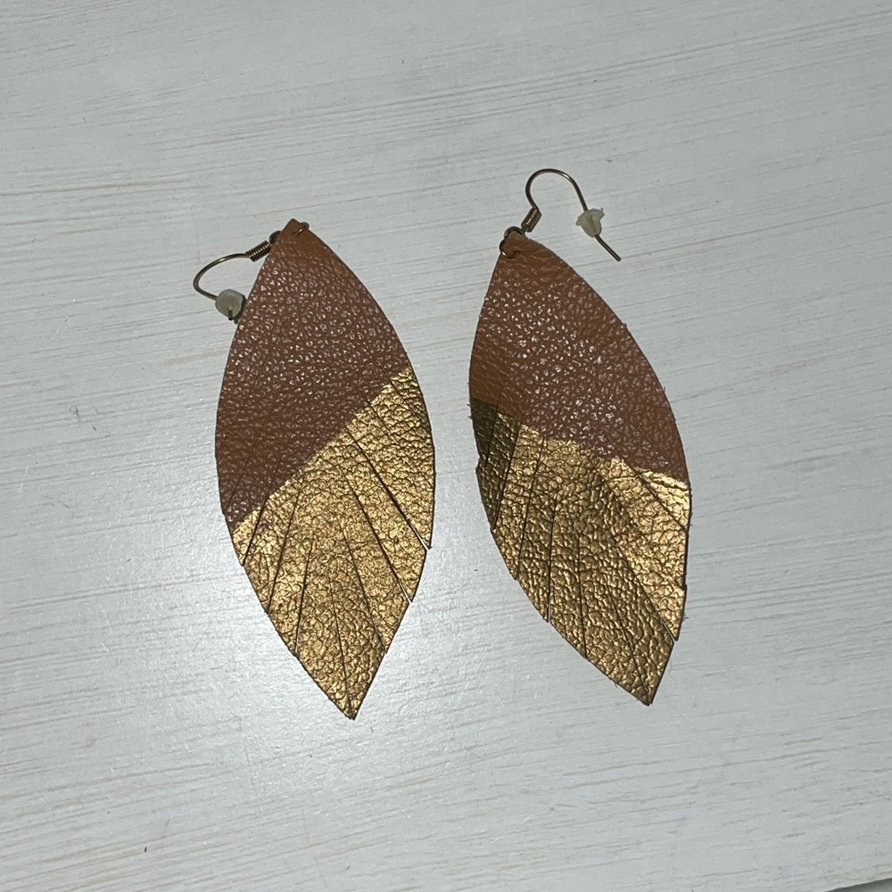 Brown and Gold Faux Leather Feather Earrings